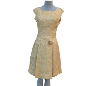 Francis Gale Gold Metallic Brocade Dress Asymmetric Waist Detail Vintage 1960s